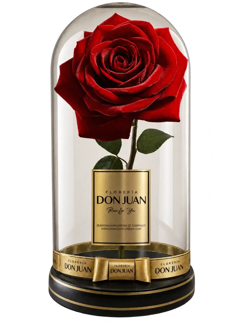 Rosa eterna preservada en cúpula de vidrio — la pieza de la casa