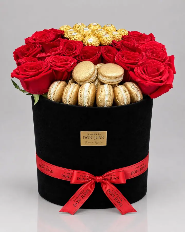 Bouquet Premium con macarrones — Cajas de lujo de Florería Don Juan, fotografía studio — vista de frente