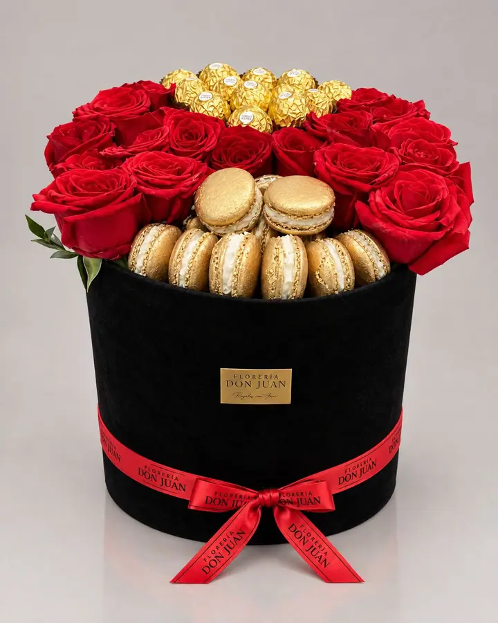 Bouquet Premium con macarrones — Cajas de lujo de Florería Don Juan, fotografía studio
