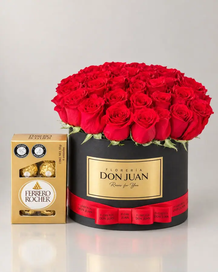 Caja bouquet redonda de 35 a 50 rosas — Cajas de lujo de Florería Don Juan, fotografía studio — vista de frente