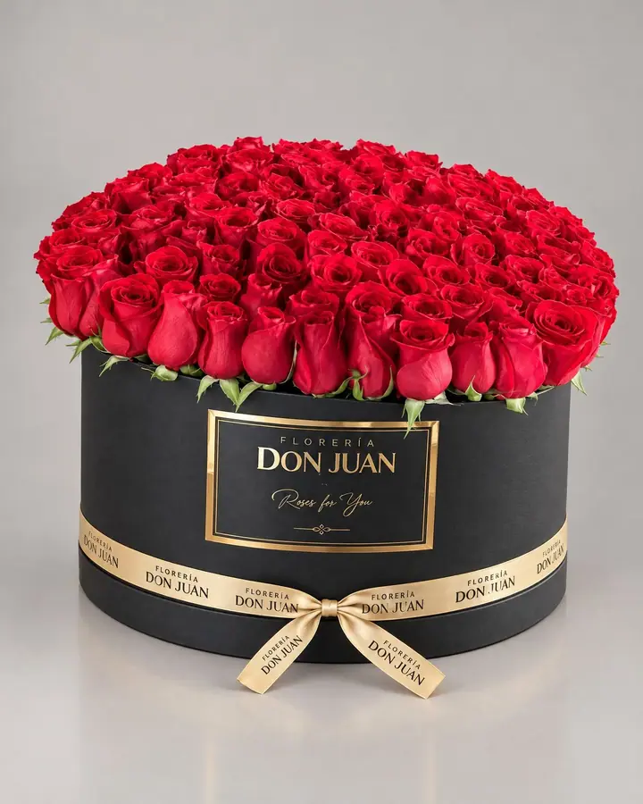 Caja redonda 100 rosas — Cajas de lujo de Florería Don Juan, fotografía studio — vista de frente