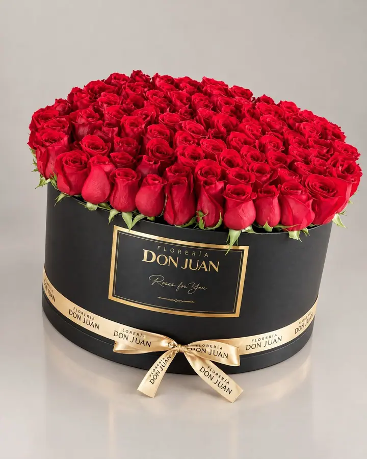 Caja redonda 100 rosas — Cajas de lujo de Florería Don Juan, fotografía studio