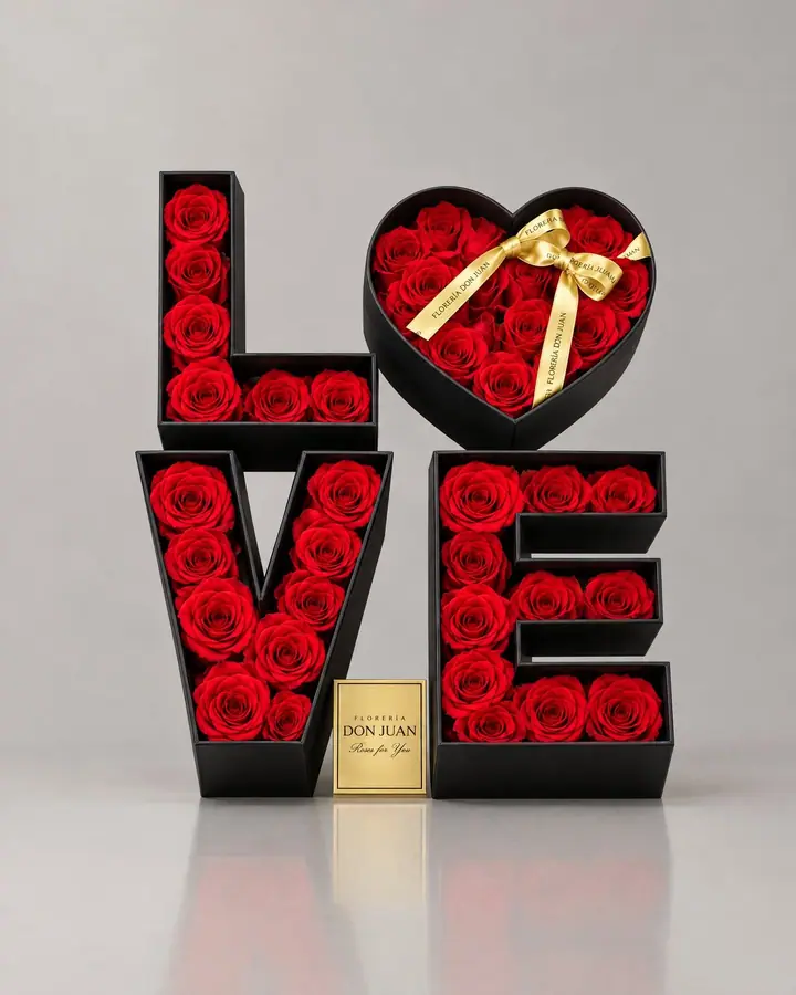 Love con tapas cuadrado — Cajas de lujo de Florería Don Juan, fotografía studio — vista de frente