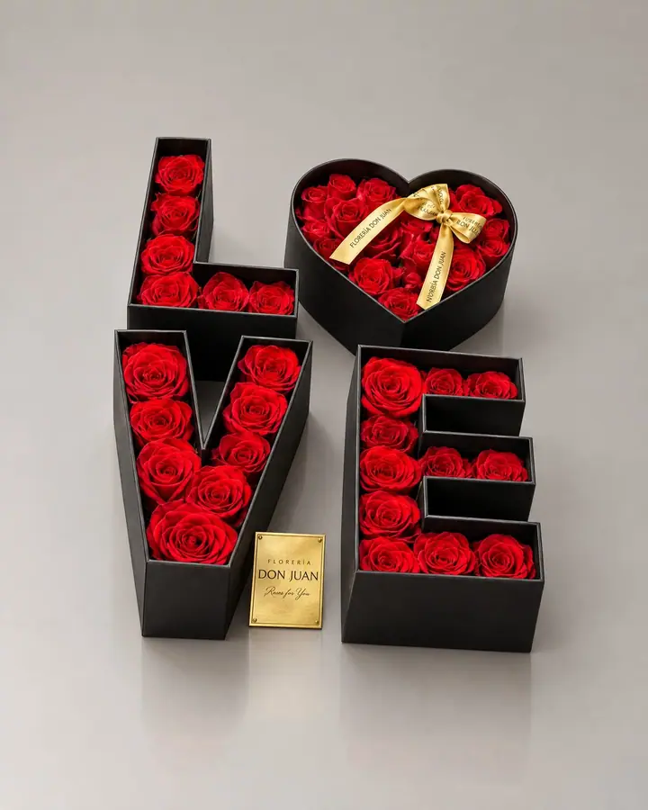 Love con tapas cuadrado — Cajas de lujo de Florería Don Juan, fotografía studio