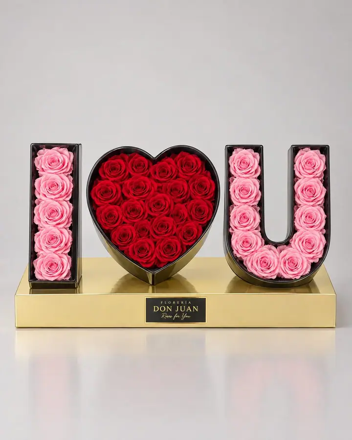I ❤️ u Deluxe en preservados — Cajas de lujo de Florería Don Juan, fotografía studio — vista de frente