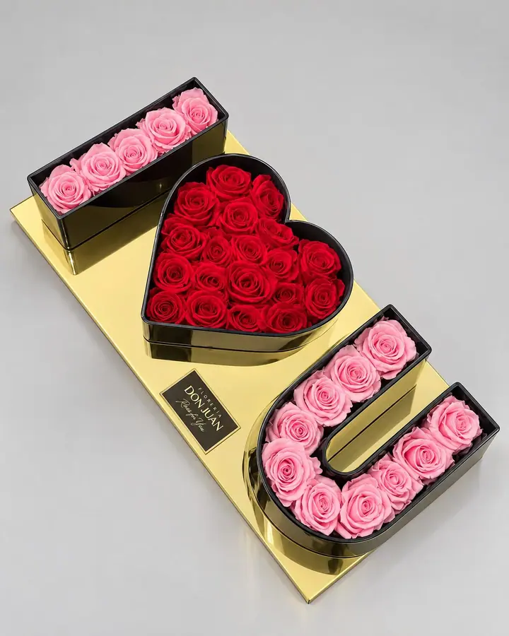 I ❤️ u Deluxe en preservados — Cajas de lujo de Florería Don Juan, fotografía studio