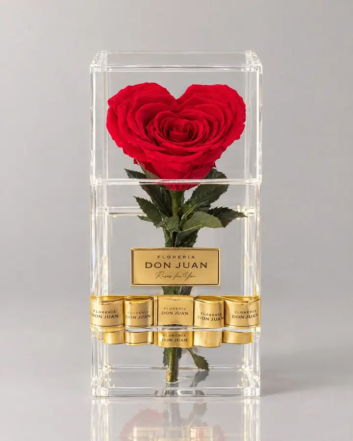 Rosa corazón en acrílico — Corazones de Florería Don Juan, fotografía studio — vista de frente