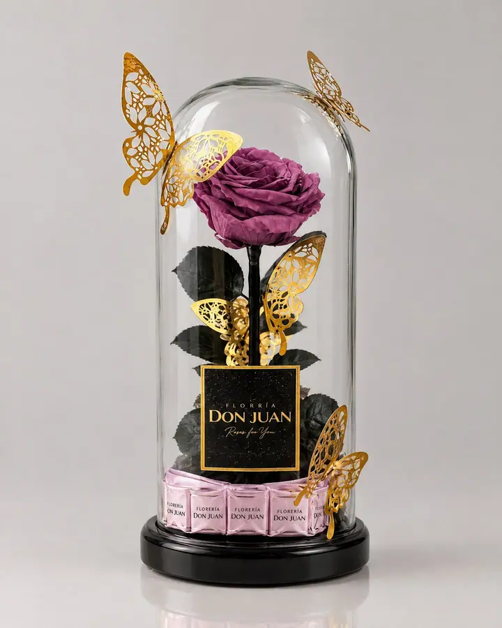 Rosa preservada y mariposas — Rosas eternas de Florería Don Juan, fotografía studio — vista de frente