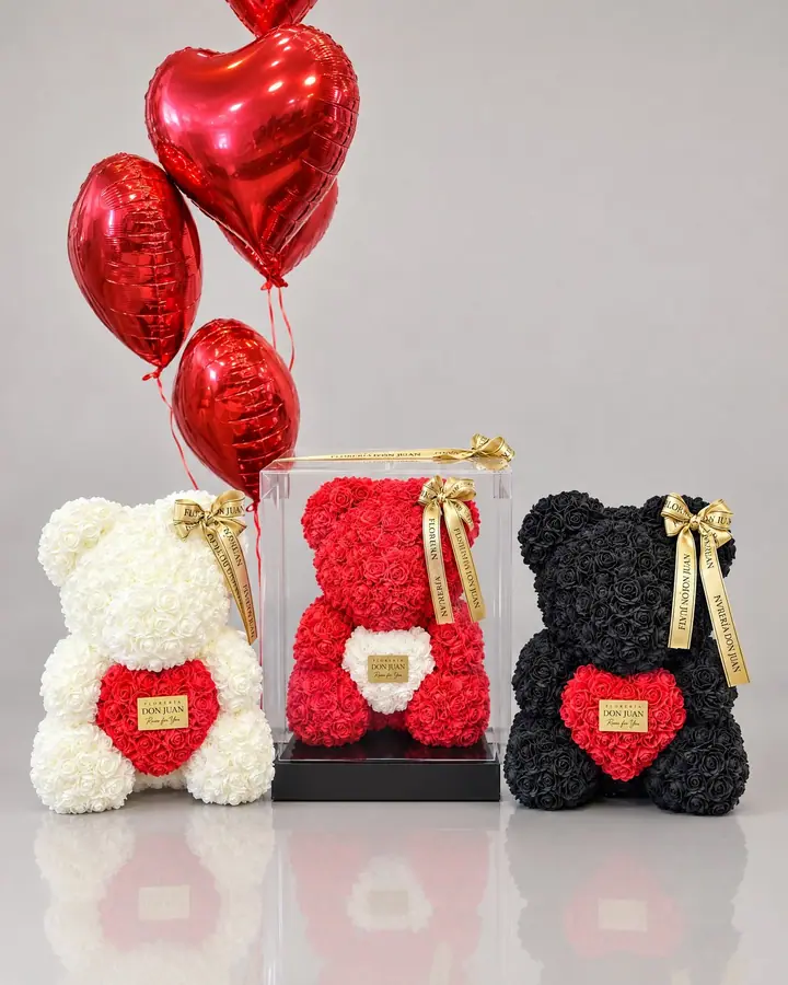 Teddy de 40 cm en caja de Acrilico — Teddys y figuras de Florería Don Juan, fotografía studio — vista de frente