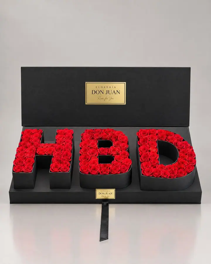 HBD rosas — Cajas de lujo de Florería Don Juan, fotografía studio — vista de frente