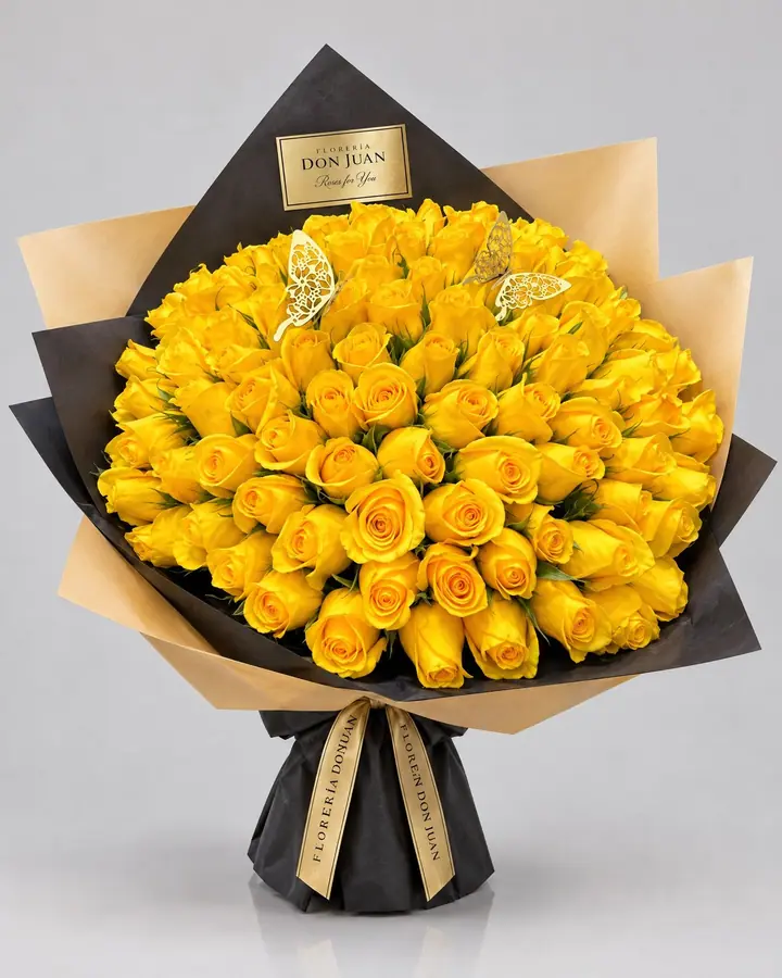 Bouquet premium  50 rosas amarillas — Girasoles y amarillas de Florería Don Juan, fotografía studio — vista de frente