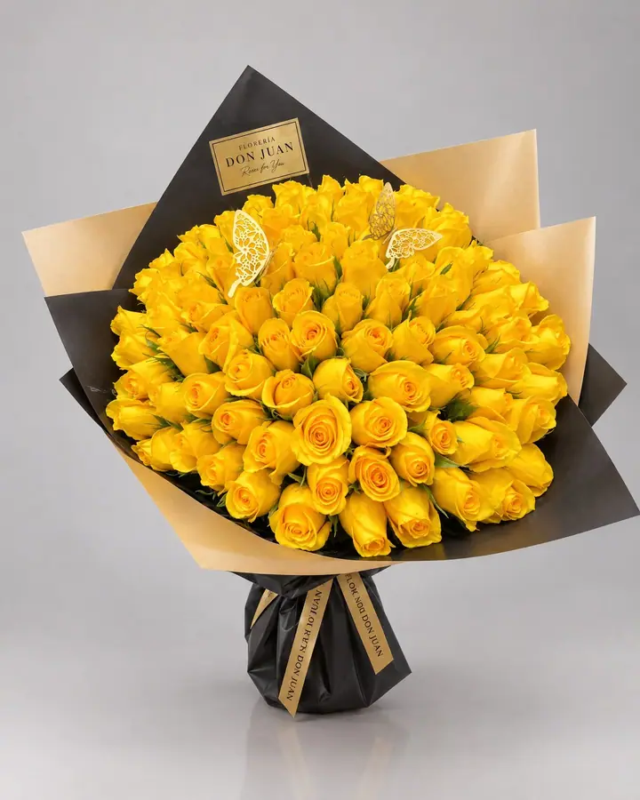 Bouquet premium  50 rosas amarillas — Girasoles y amarillas de Florería Don Juan, fotografía studio
