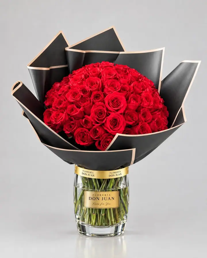 75 rosas en jarrón — Ramos y buchones de Florería Don Juan, fotografía studio — vista de frente