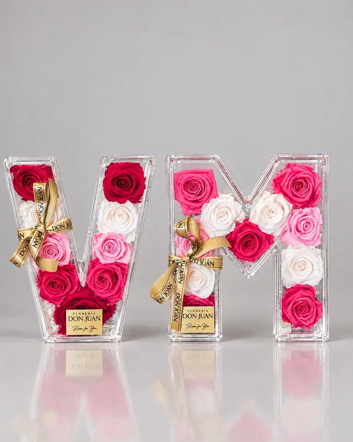 Inicial con rosas preservadas — Iniciales y nombres de Florería Don Juan, fotografía studio — vista de frente