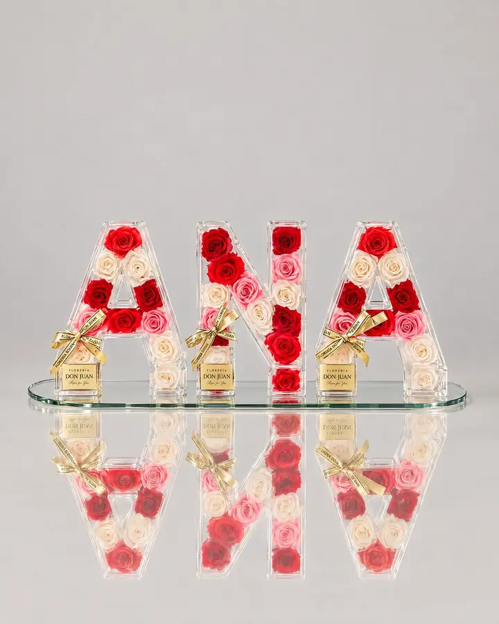 Nombre de 3 letras en acrílico y preservados — Iniciales y nombres de Florería Don Juan, fotografía studio — vista de frente