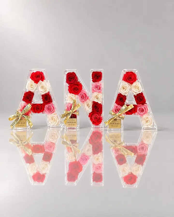 Nombre de 3 letras en acrílico y preservados — Iniciales y nombres de Florería Don Juan, fotografía studio