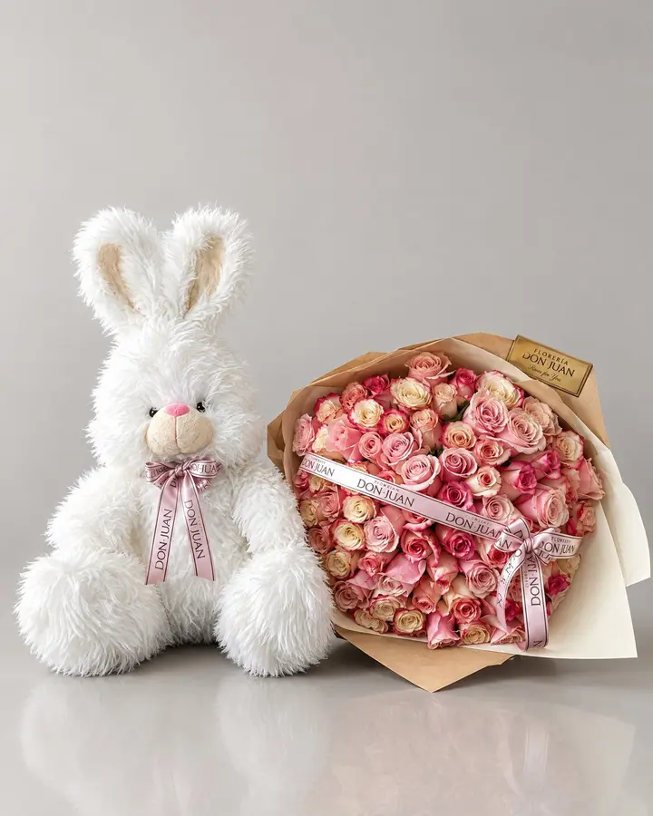 Conejo y ramo de 80 rosas — Combos de celebración de Florería Don Juan, fotografía studio — vista de frente