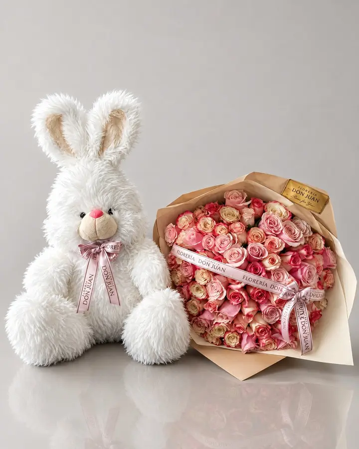 Conejo y ramo de 80 rosas — Combos de celebración de Florería Don Juan, fotografía studio