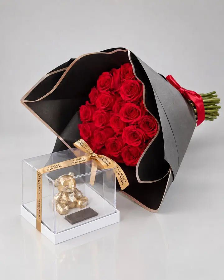Cono de 24 rosas y teddy de chocolate — Combos de celebración de Florería Don Juan, fotografía studio — vista de frente