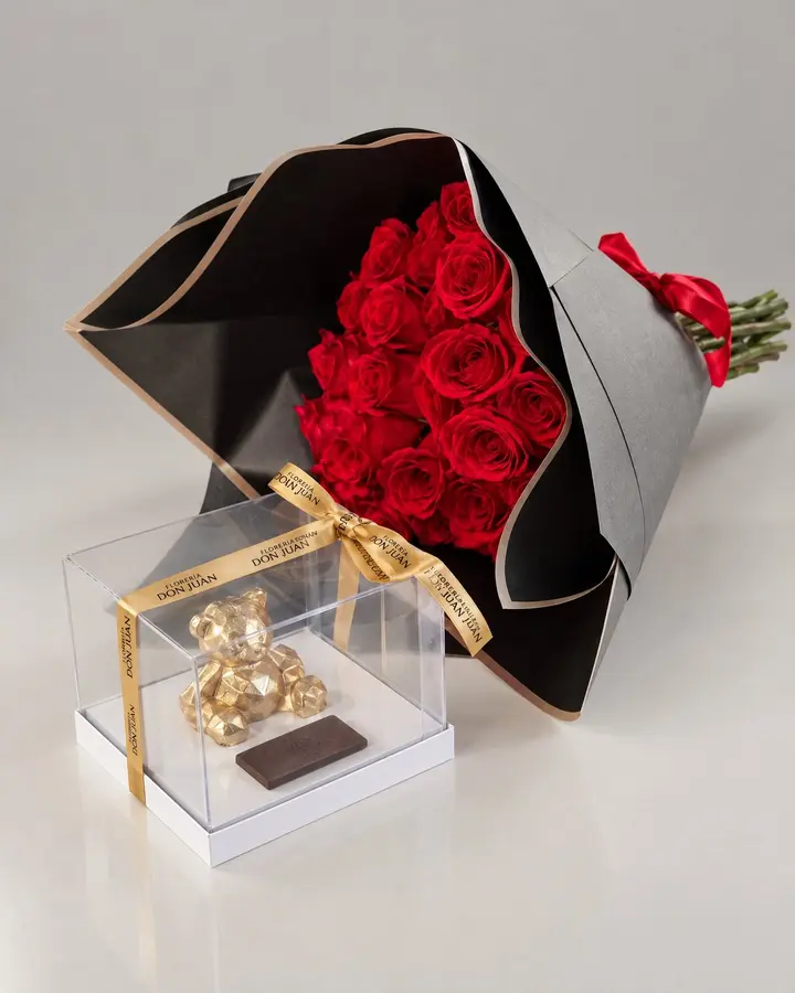 Cono de 24 rosas y teddy de chocolate — Combos de celebración de Florería Don Juan, fotografía studio
