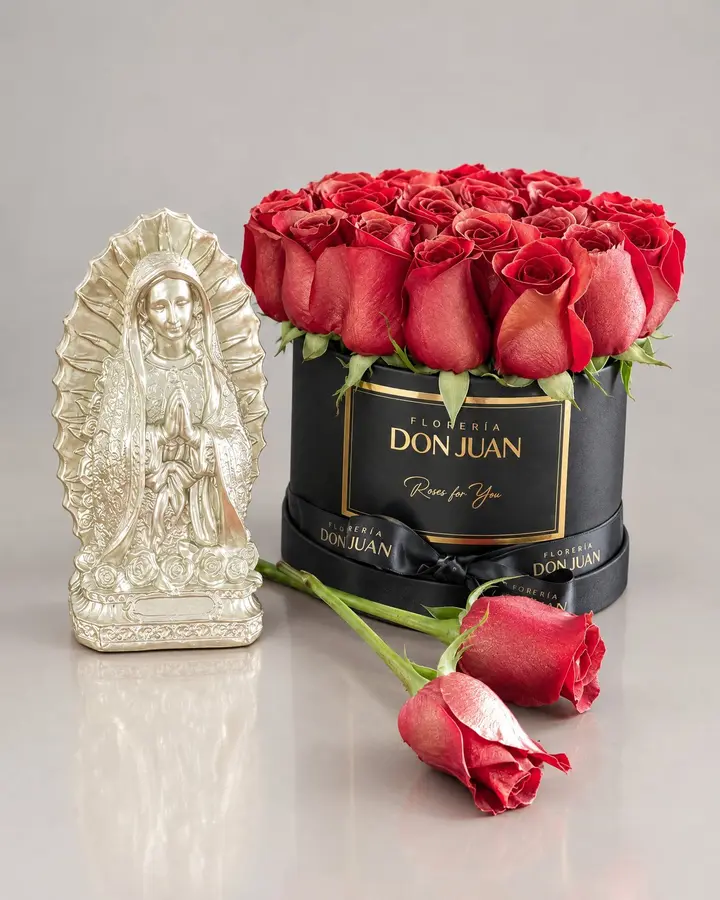 Cilindro de 24 rosas  y virgen de 30 cm — Combos de celebración de Florería Don Juan, fotografía studio