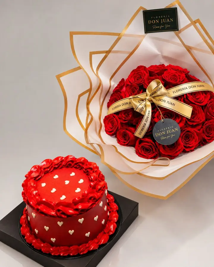 Combo cono de rosas y torta — Combos de celebración de Florería Don Juan, fotografía studio