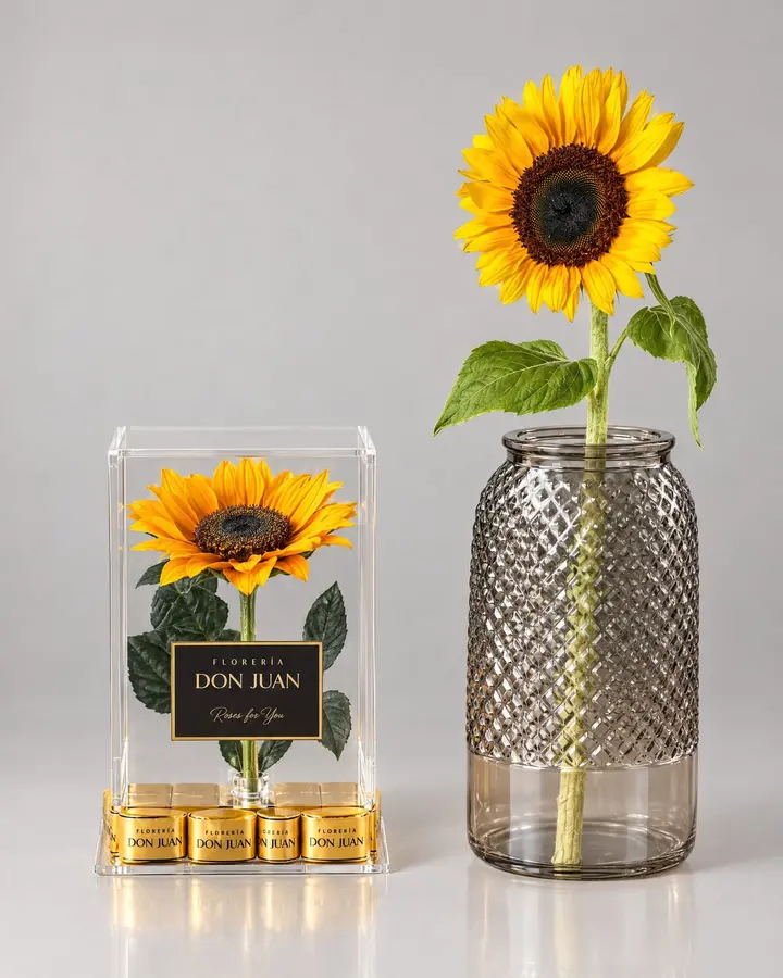 Girasol preservado en acrílico — Girasoles y amarillas de Florería Don Juan, fotografía studio — vista de frente