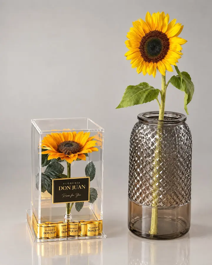 Girasol preservado en acrílico — Girasoles y amarillas de Florería Don Juan, fotografía studio