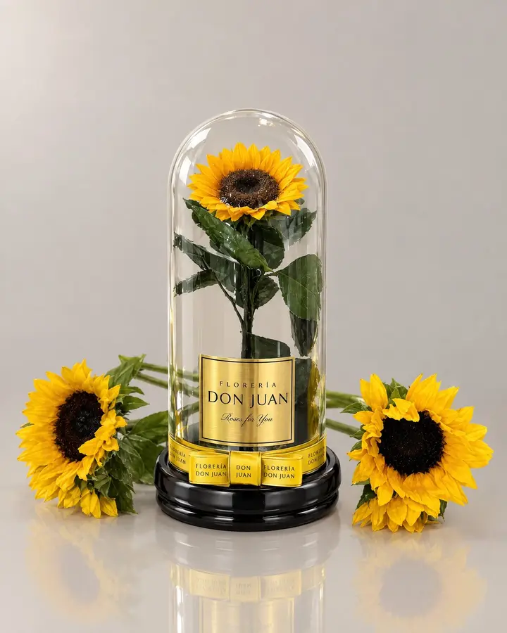 Girasol en Cupula preservado — Girasoles y amarillas de Florería Don Juan, fotografía studio — vista de frente