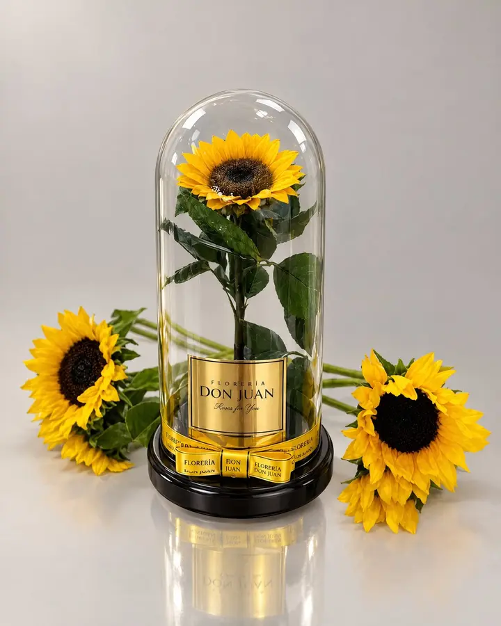 Girasol en Cupula preservado — Girasoles y amarillas de Florería Don Juan, fotografía studio