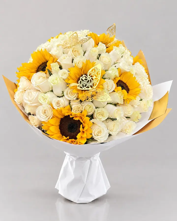 Bouquet 120 rosas y girasoles — Girasoles y amarillas de Florería Don Juan, fotografía studio — vista de frente