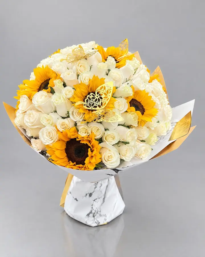 Bouquet 120 rosas y girasoles — Girasoles y amarillas de Florería Don Juan, fotografía studio