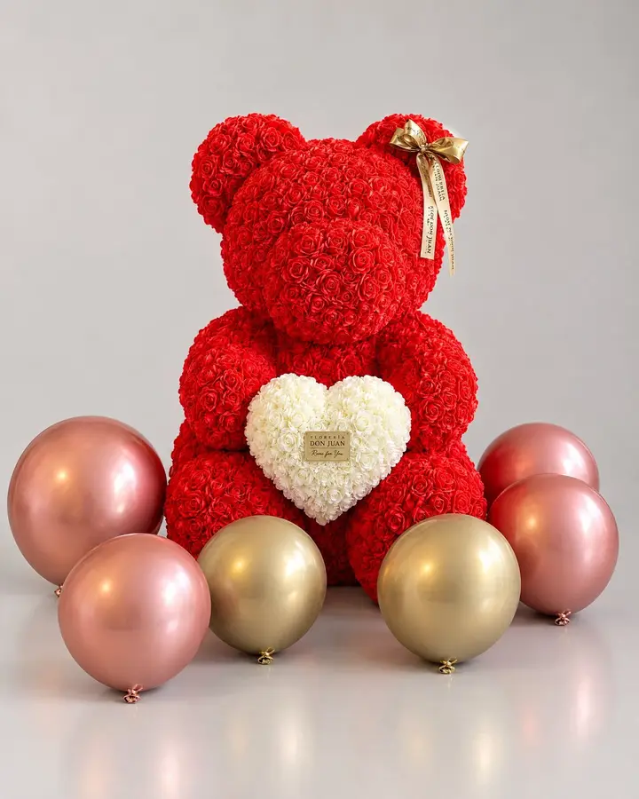 Teddy Gigante 90 cm más de 3500 rosas — Teddys y figuras de Florería Don Juan, fotografía studio — vista de frente