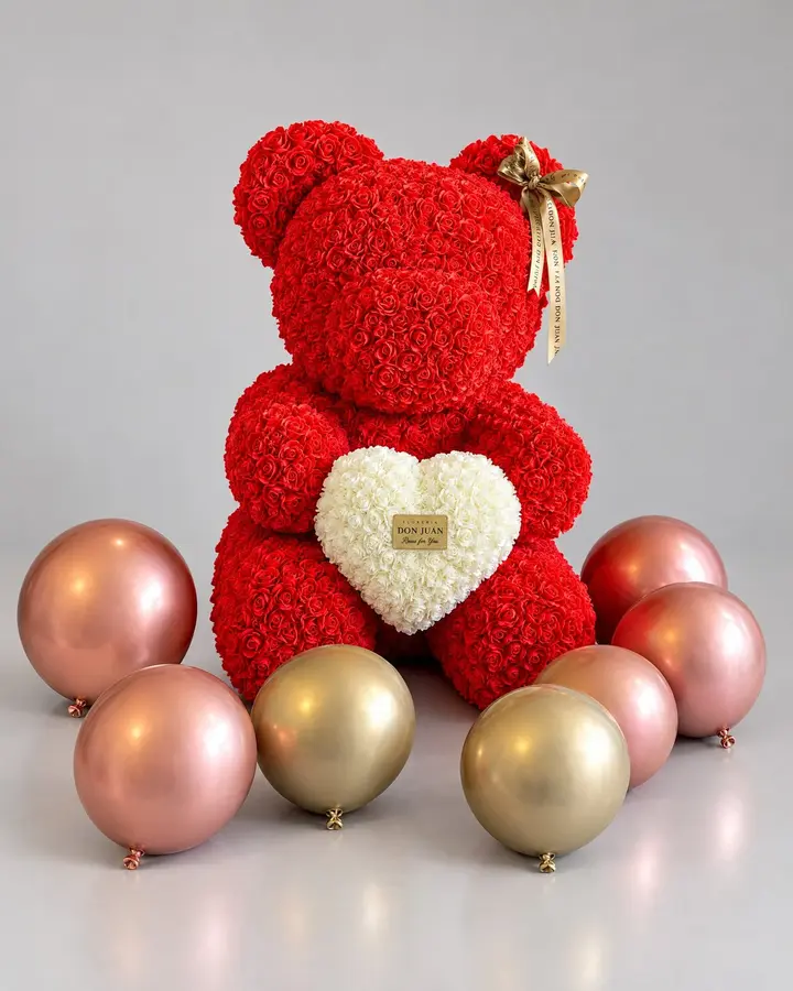 Teddy Gigante 90 cm más de 3500 rosas — Teddys y figuras de Florería Don Juan, fotografía studio