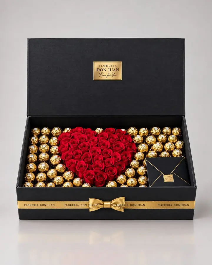 Caja deluxe 100 Ferreros y corazón — Corazones de Florería Don Juan, fotografía studio — vista de frente