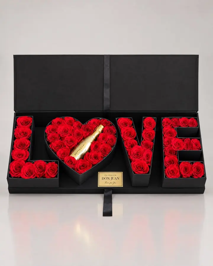 LOVE con champaña JP — Cajas de lujo de Florería Don Juan, fotografía studio — vista de frente