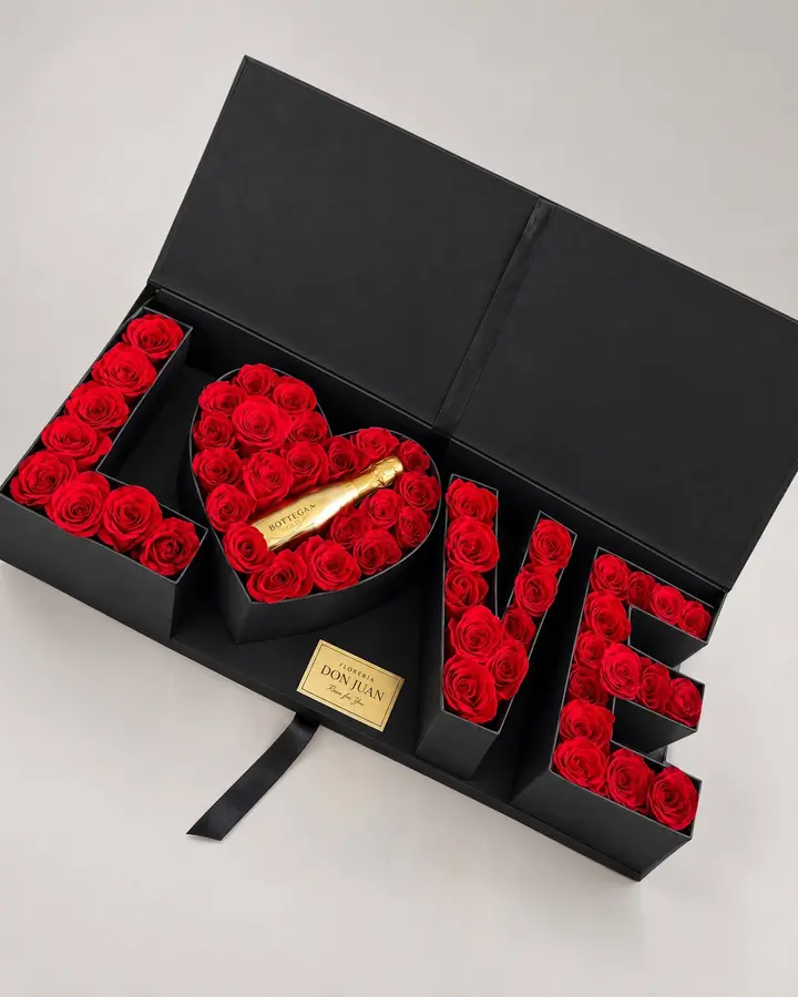LOVE con champaña JP — Cajas de lujo de Florería Don Juan, fotografía studio