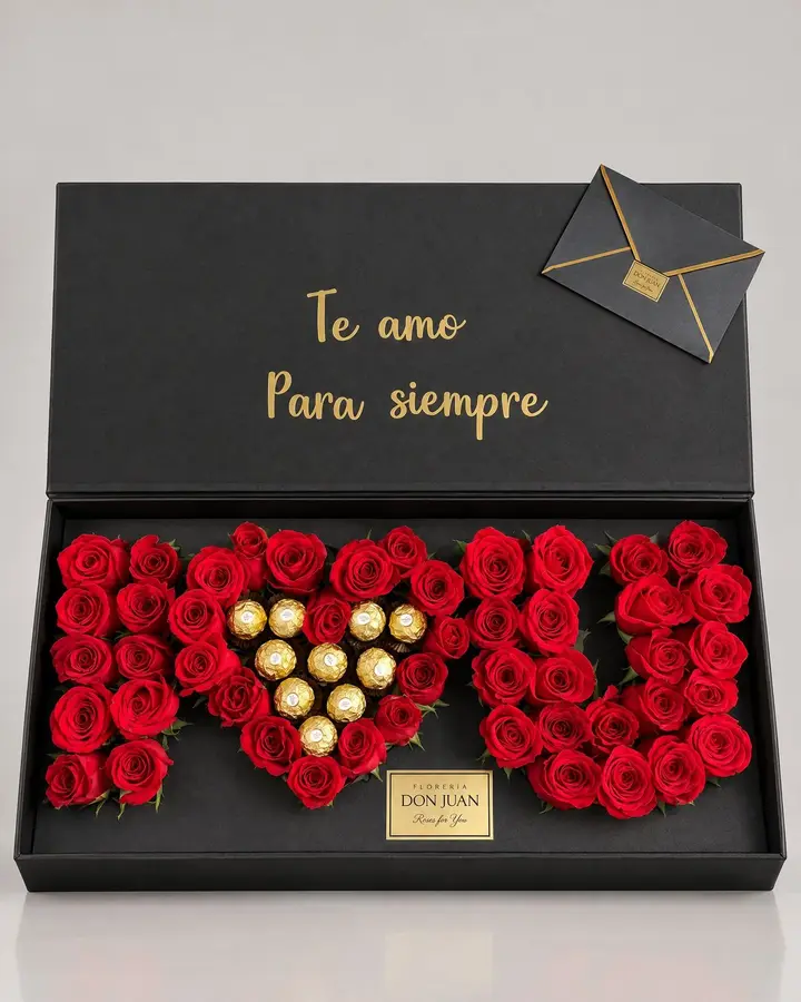 El caja I❤️U — Cajas de lujo de Florería Don Juan, fotografía studio — vista de frente