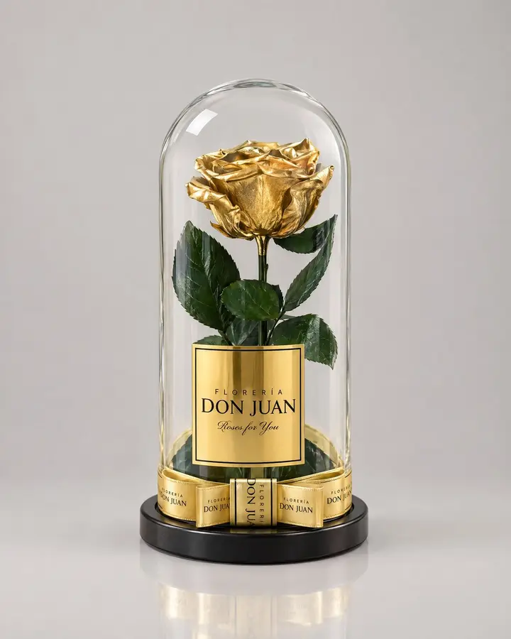 Rosa preservada Dorada — Rosas eternas de Florería Don Juan, fotografía studio — vista de frente