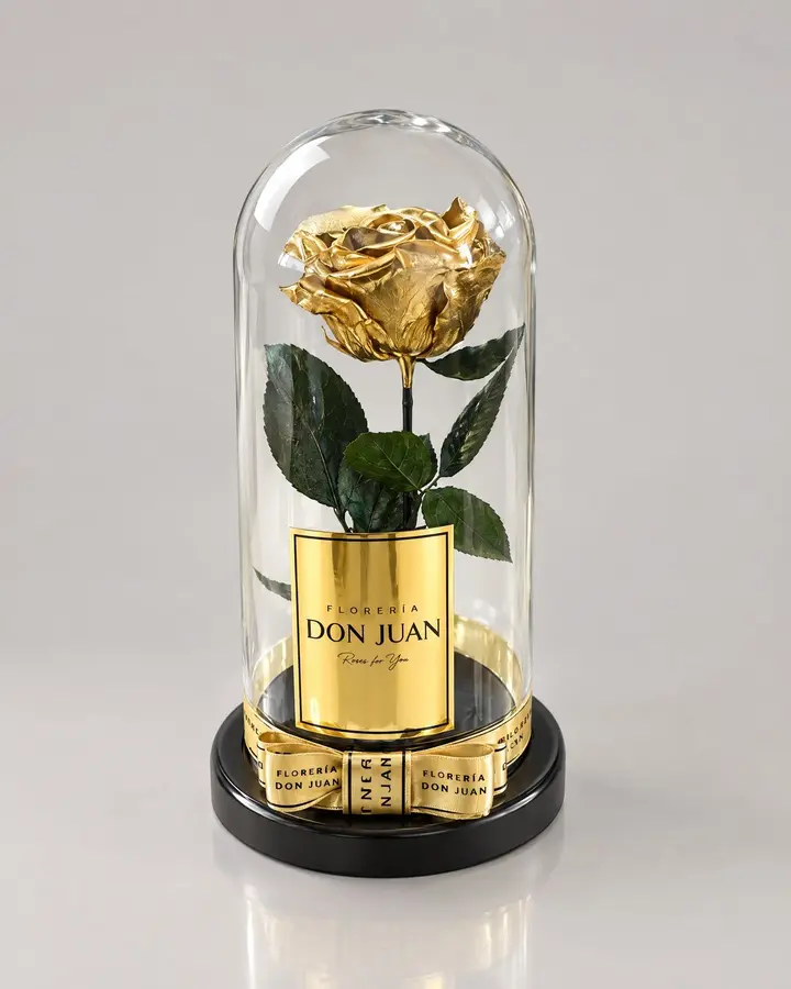 Rosa preservada Dorada — Rosas eternas de Florería Don Juan, fotografía studio