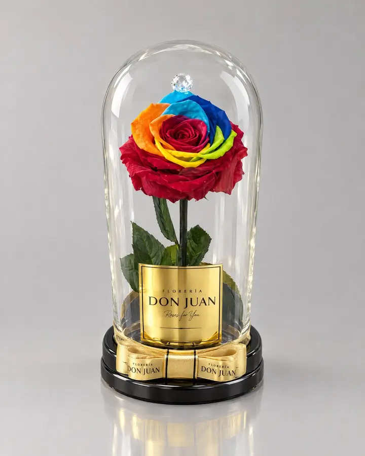 Cúpula arcoíris — Rosas eternas de Florería Don Juan, fotografía studio — vista de frente