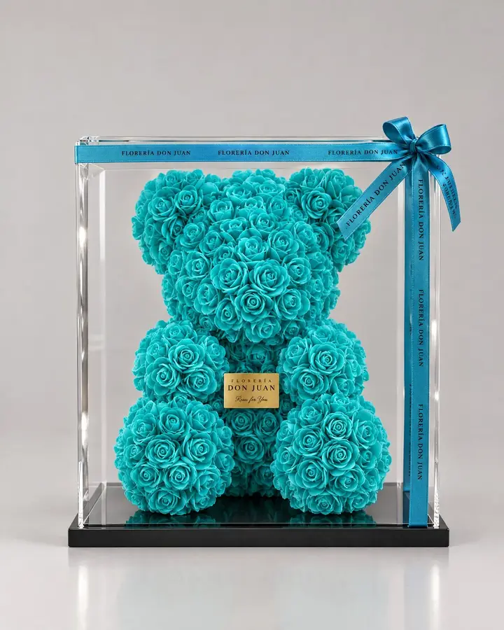 Teddy azul de 25 cm — Teddys y figuras de Florería Don Juan, fotografía studio — vista de frente