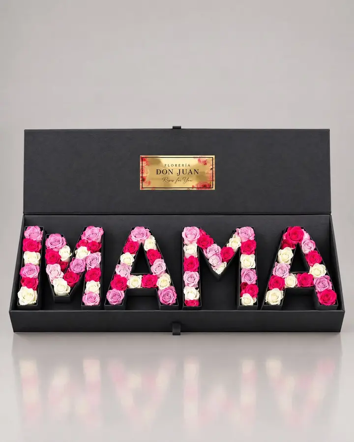 Caja con el nombre — Cajas de lujo de Florería Don Juan, fotografía studio — vista de frente