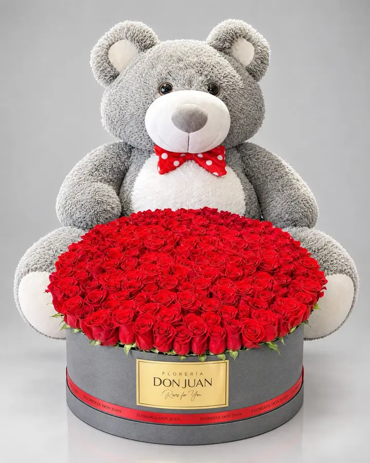 Bouquet  caja redonda 150 rosas — Cajas de lujo de Florería Don Juan, fotografía studio — vista de frente