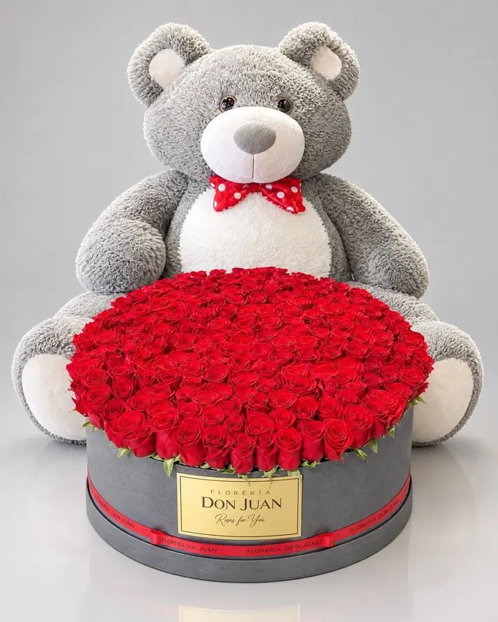 Bouquet  caja redonda 150 rosas — Cajas de lujo de Florería Don Juan, fotografía studio