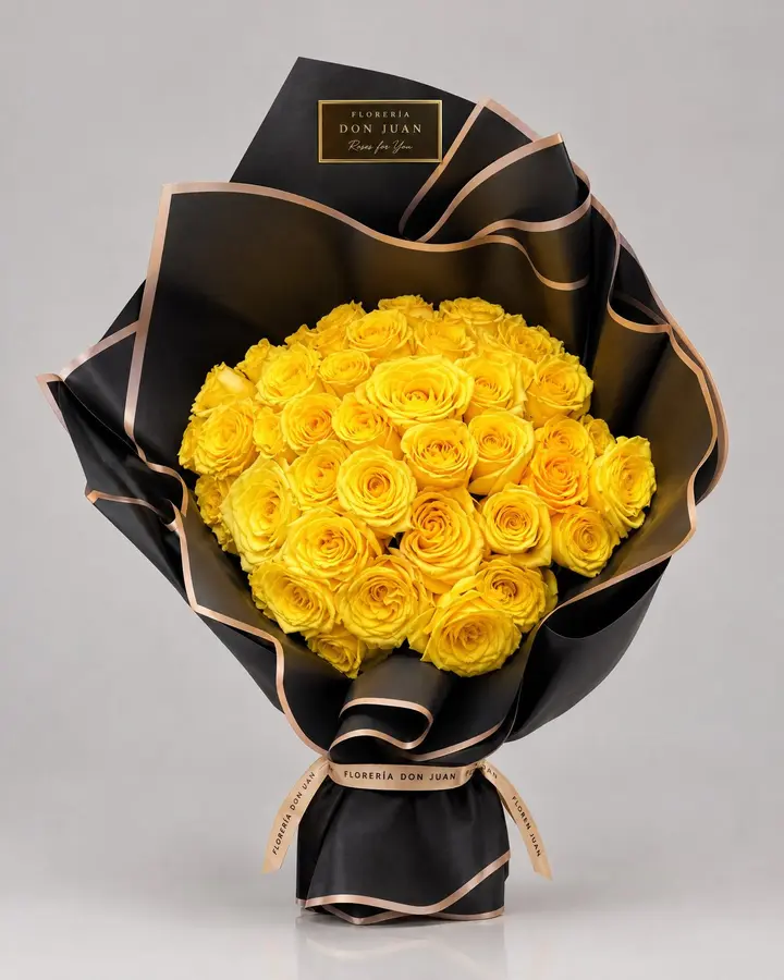 Cono de 50 rosas de exportación amarillas — Girasoles y amarillas de Florería Don Juan, fotografía studio — vista de frente