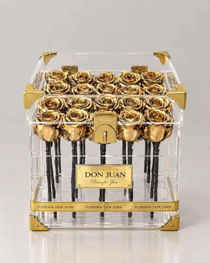 Cofre de 20 rosas en baño dorado — Rosas eternas de Florería Don Juan, fotografía studio — vista de frente