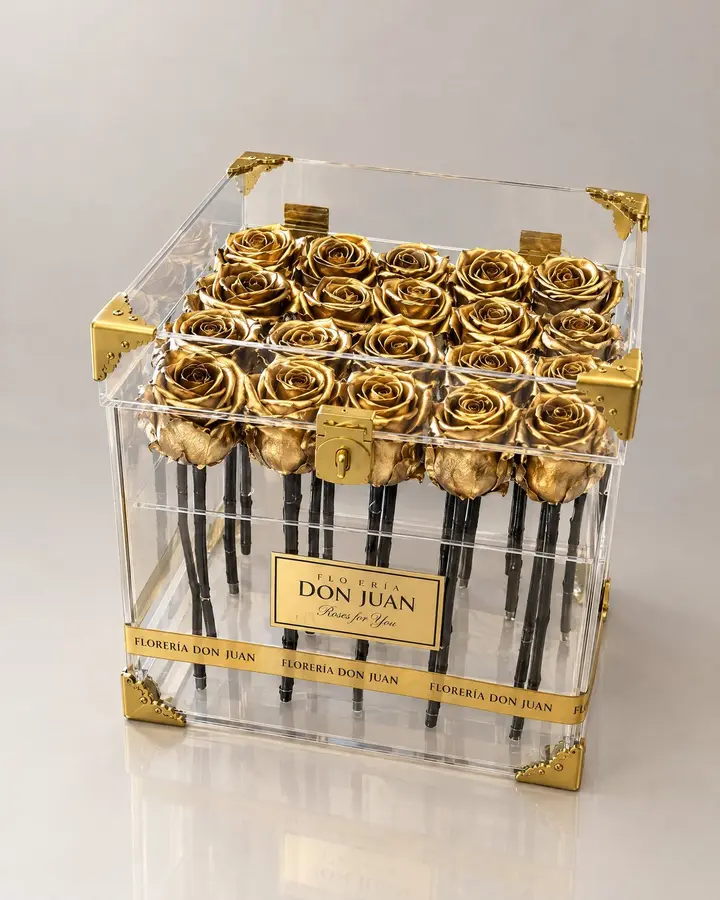 Cofre de 20 rosas en baño dorado — Rosas eternas de Florería Don Juan, fotografía studio
