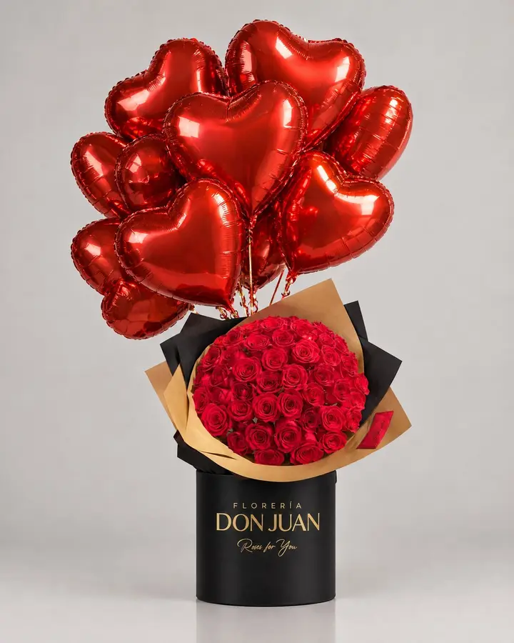 Cono de 50 rosas y 10 globos con helio — Ramos y buchones de Florería Don Juan, fotografía studio — vista de frente