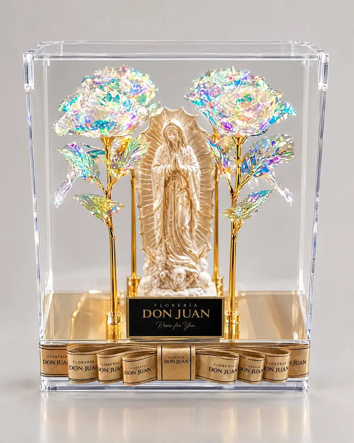 Caja de lujo de 4 rosas Galaxy con Virgen — Rosas eternas de Florería Don Juan, fotografía studio — vista de frente